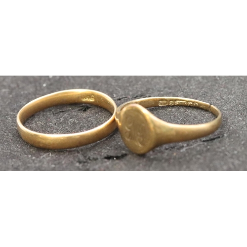 544 - A gold wedding ring, Size K/L and a 9ct gold signet ring (cut), 3.4 grams (2)