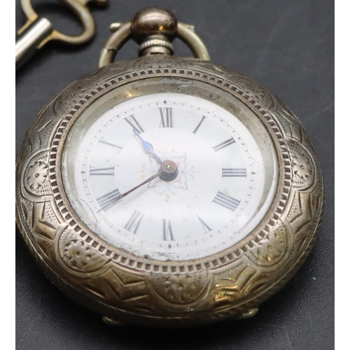 548 - A Continental silver coloured metal round fob watch with white enamel dial and Roman numerals, allov... 