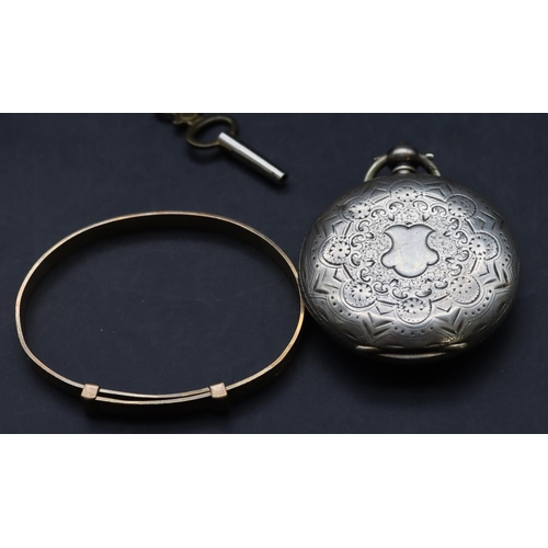 548 - A Continental silver coloured metal round fob watch with white enamel dial and Roman numerals, allov... 