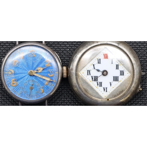 558 - A silver watch with square white enamel dial and Roman numerals and a silver watch with blue dial (2... 