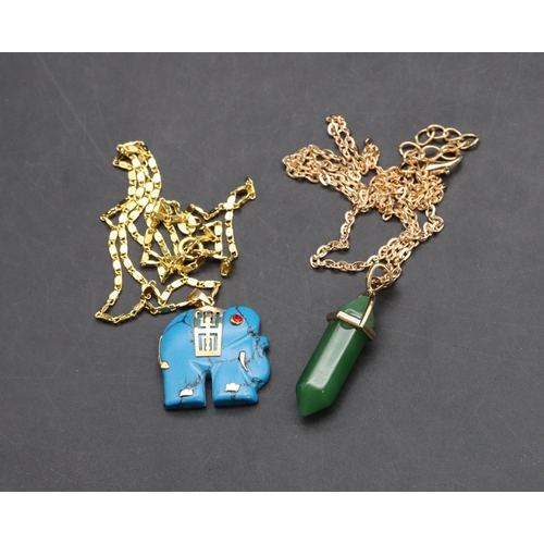 570 - A blue pendant in the form of an elephant with chain and another pendant with chain (2)