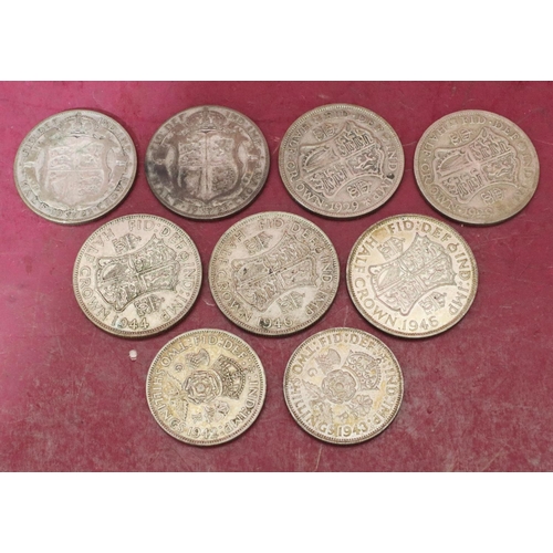 579 - 7 pre-1947 Half Crowns, 2 similar Shillings, 119.5 grams