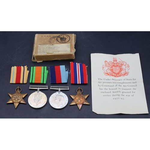 597 - 4 WWII medals, Defence medal, '39-'45 medal, The African Star and 1939-45 Star for H.E Abel RAF, wit... 