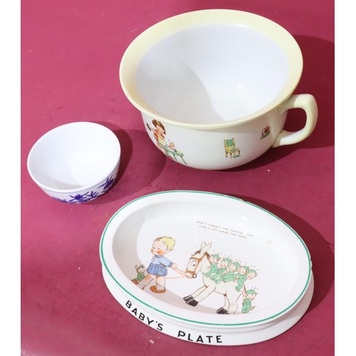 61 - A Shelley Mabel Lucie Attwell round bulbous shaped chamber pot with a multicoloured baby's plate (ch... 