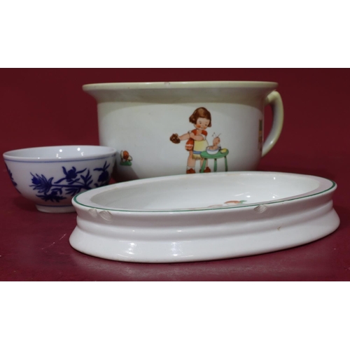 61 - A Shelley Mabel Lucie Attwell round bulbous shaped chamber pot with a multicoloured baby's plate (ch... 