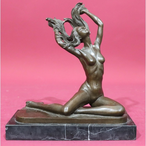 613 - After Claude Mirval bronze figure of a seated female nude with arms flicking her hair on black onyx ... 