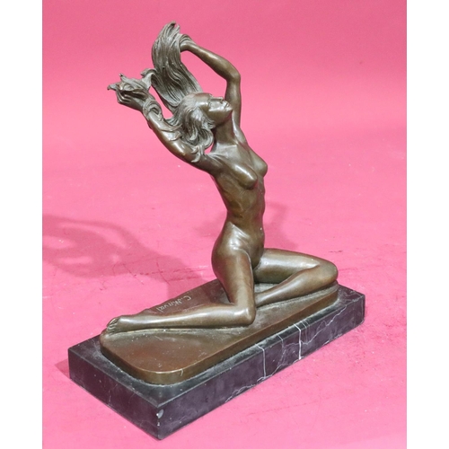 613 - After Claude Mirval bronze figure of a seated female nude with arms flicking her hair on black onyx ... 