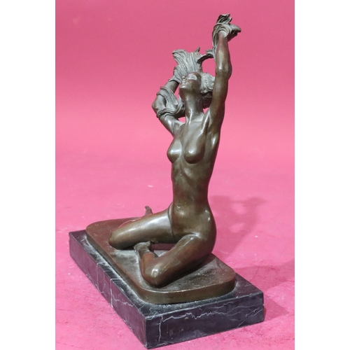 613 - After Claude Mirval bronze figure of a seated female nude with arms flicking her hair on black onyx ... 