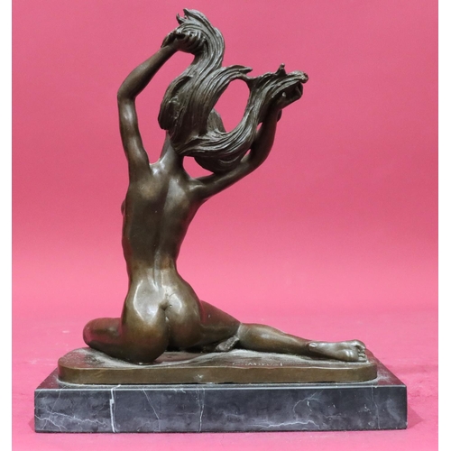 613 - After Claude Mirval bronze figure of a seated female nude with arms flicking her hair on black onyx ... 