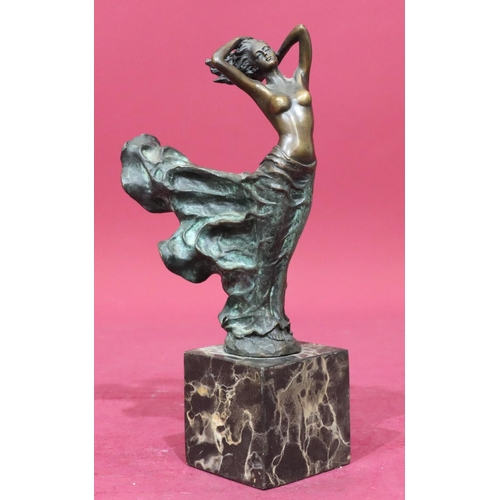 614 - After Milo bronze figure of a standing female in nude in the wind, signed, on square black onyx base... 