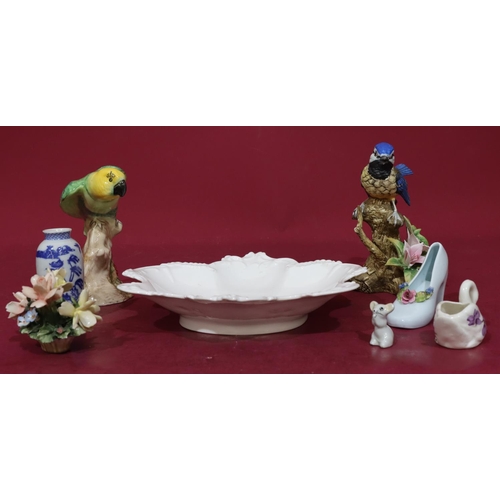 67 - A Royal Crown Derby white scallop shaped dish with raised scroll decoration, 25cm wide, a Beswick fi... 