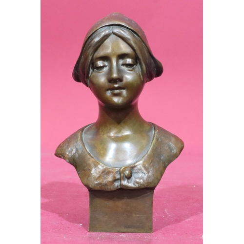 782 - G Cinque bronze bust of a young lady on square base, indistinctly signed to reverse, 20cm high