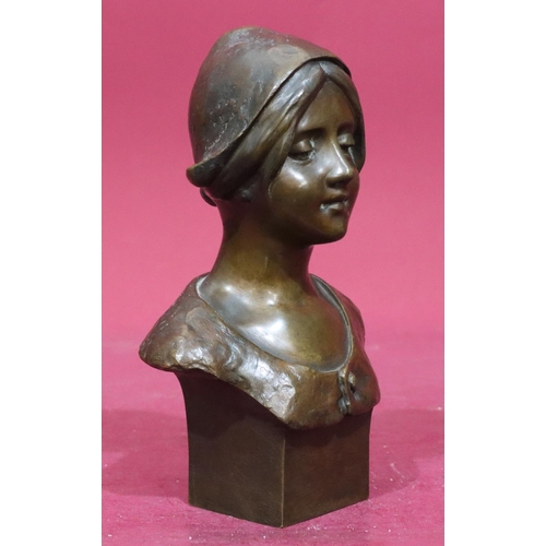 782 - G Cinque bronze bust of a young lady on square base, indistinctly signed to reverse, 20cm high