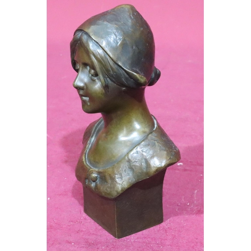 782 - G Cinque bronze bust of a young lady on square base, indistinctly signed to reverse, 20cm high