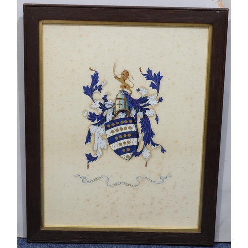 783 - A watercolour and gauche painted coat of arms in oak frame (foxing), 45cm x 35cm