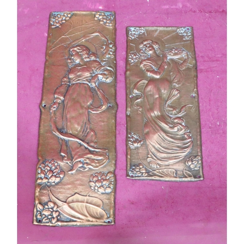 786 - 2 hammered copper Art Deco style door panels with raised figure and floral decoration, largest 27.5c... 