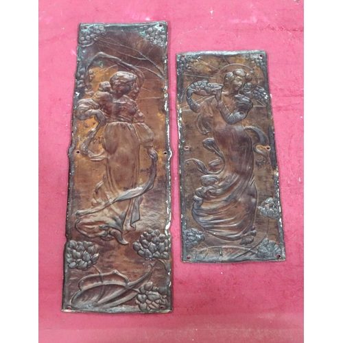 786 - 2 hammered copper Art Deco style door panels with raised figure and floral decoration, largest 27.5c... 