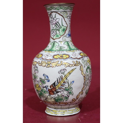 810 - A 20th Century cloisonné small round bulbous trumpet shaped vase on white ground with multicoloured ... 