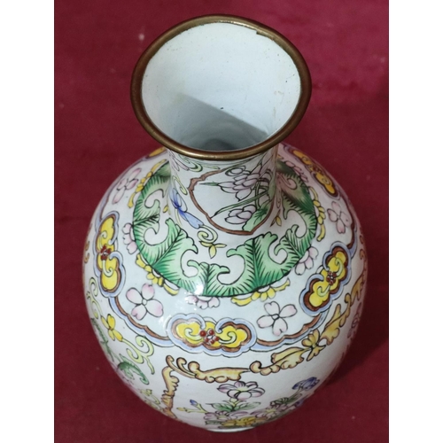 810 - A 20th Century cloisonné small round bulbous trumpet shaped vase on white ground with multicoloured ... 