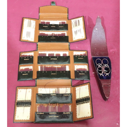 813 - John James & Sons, Redditch green leather 3-fold needle case complete with various needles, 45cm lon... 