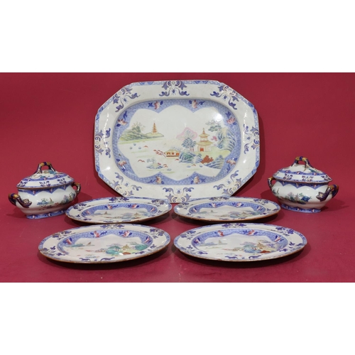 84 - A 19th Century Spode china rectangular shaped meat plate on white and blue ground with multicoloured... 