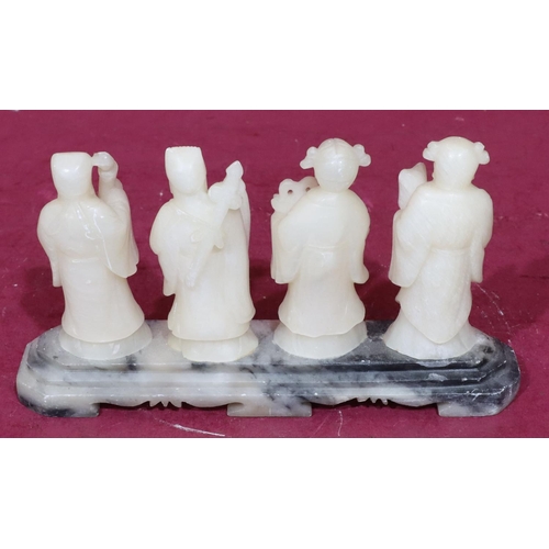 853 - A set of 4 white hardstone figures of Oriental gentlemen and lady, all mounted on single stand, 13cm... 