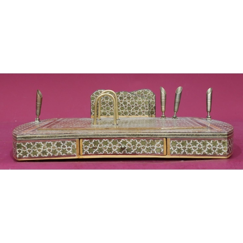 887 - An Eastern style lacquered rectangular shaped desk stand with single drawer mounted with stationery ... 