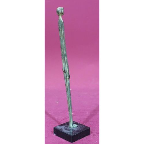 892 - A tall narrow bronze figure of a naked gentleman on square base, 39cm high