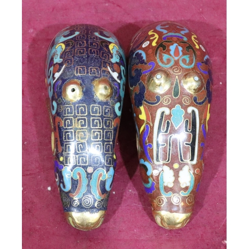 893 - 2 gilt metal and cloisonné ashtrays in the form of animal heads, 8cm high, 13cm long (2)