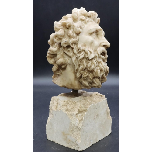 907 - A continental classical figurehead, of a gentleman, on spike mounted on stone base 30cm high.