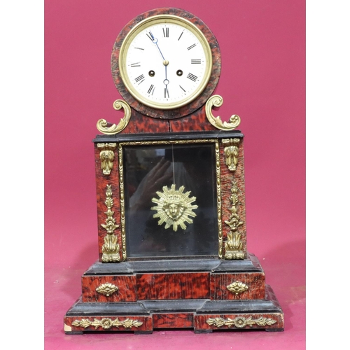 918 - An ebonised and boulle 8-day striking mantel clock with drum white enamel dial, Roman numerals, sunb... 