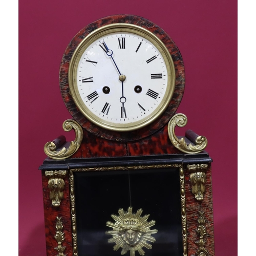 918 - An ebonised and boulle 8-day striking mantel clock with drum white enamel dial, Roman numerals, sunb... 