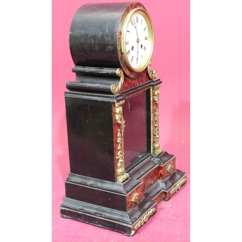 918 - An ebonised and boulle 8-day striking mantel clock with drum white enamel dial, Roman numerals, sunb... 