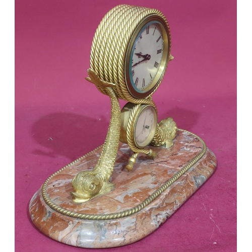 920 - A 19th Century ormolu timepiece with separate barometer supported by 2 fish with allover rope style ... 