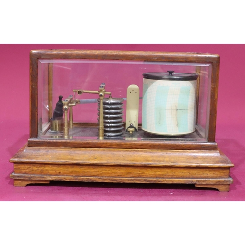 923 - An oak barograph with bevelled glass top on sides with 1 long drawer on bracket feet, 36cm wide