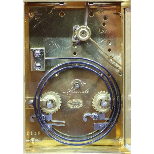 927 - Alfred Russell & Co, Liverpool brass half-striking repeat carriage clock with white enamel dial and ... 