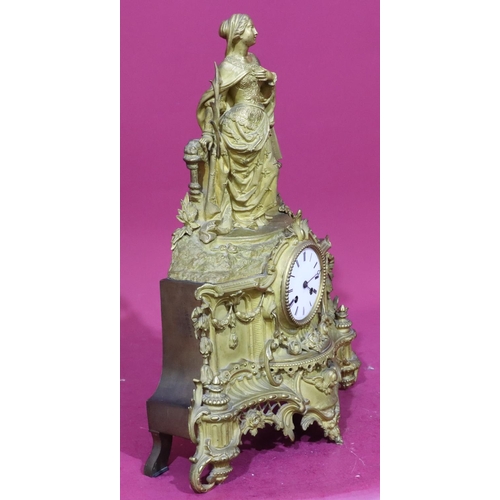 928 - A gilt Spelter 8-day striking mantel clock with raised female figure motif to top, allover raised sw... 