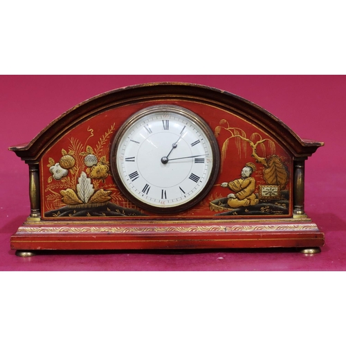 929 - A red chinoiserie timepiece with arched top and allover gilt figure, tree, floral and scroll decorat... 