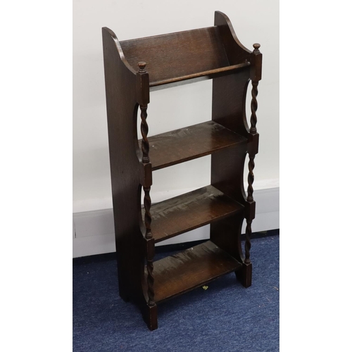 935 - A 1920's oak 4-tier book trough/shelves with barley twist supports, 40.5cm wide, 21.5cm deep, 91.5cm... 