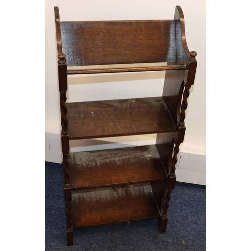 935 - A 1920's oak 4-tier book trough/shelves with barley twist supports, 40.5cm wide, 21.5cm deep, 91.5cm... 