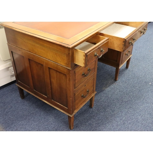 936 - A 1930's mahogany kneehole double pedestal desk with brown leather inset top, centre drop flanked by... 