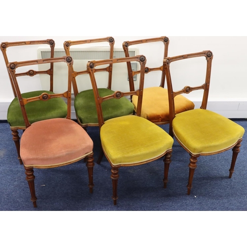 937 - A set of 6 Victorian walnut single chairs with bar backs, various coloured velvet overstuffed seated... 