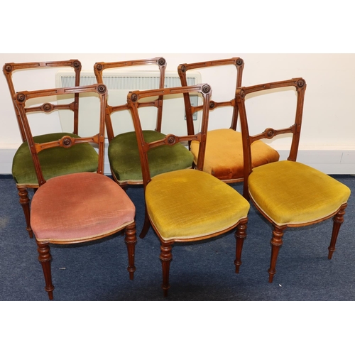 937 - A set of 6 Victorian walnut single chairs with bar backs, various coloured velvet overstuffed seated... 