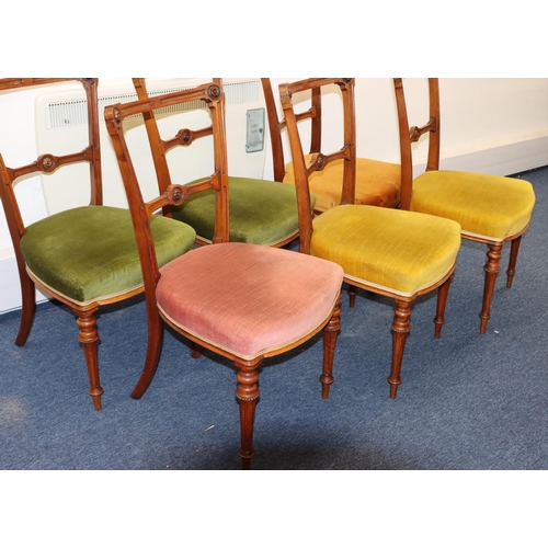 937 - A set of 6 Victorian walnut single chairs with bar backs, various coloured velvet overstuffed seated... 