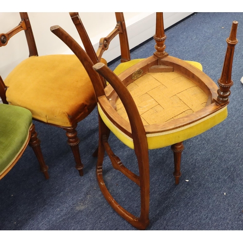 937 - A set of 6 Victorian walnut single chairs with bar backs, various coloured velvet overstuffed seated... 