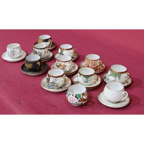 94 - 12 Oriental eggshell cups and saucers (1 saucer missing), all with different decoration