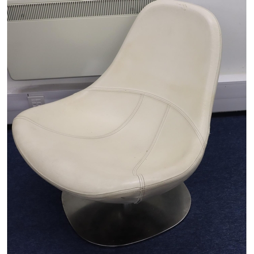 941 - A white leather 70's swivel tub chair on stainless steel base, seat 77cm wide, 77cm high