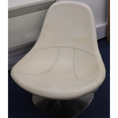 941 - A white leather 70's swivel tub chair on stainless steel base, seat 77cm wide, 77cm high