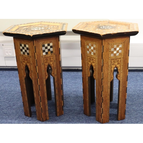 942 - 2 Eastern style small hexagonal shaped coffee tables with allover inlaid satinwood and Mother of Pea... 