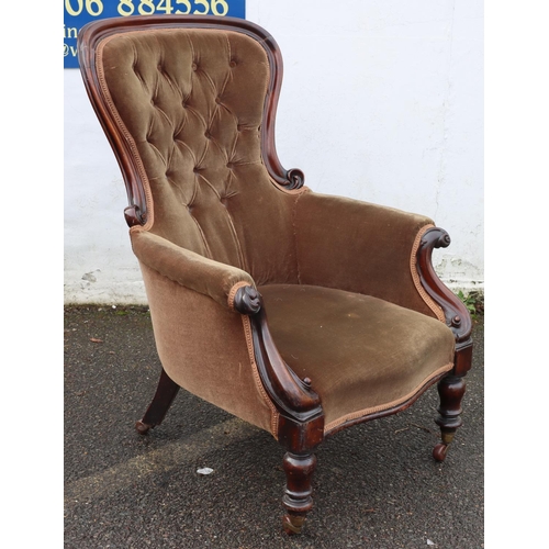 946 - A 19th Century mahogany spoon back armchair with brown velvet overstuffed seat, button back and padd... 